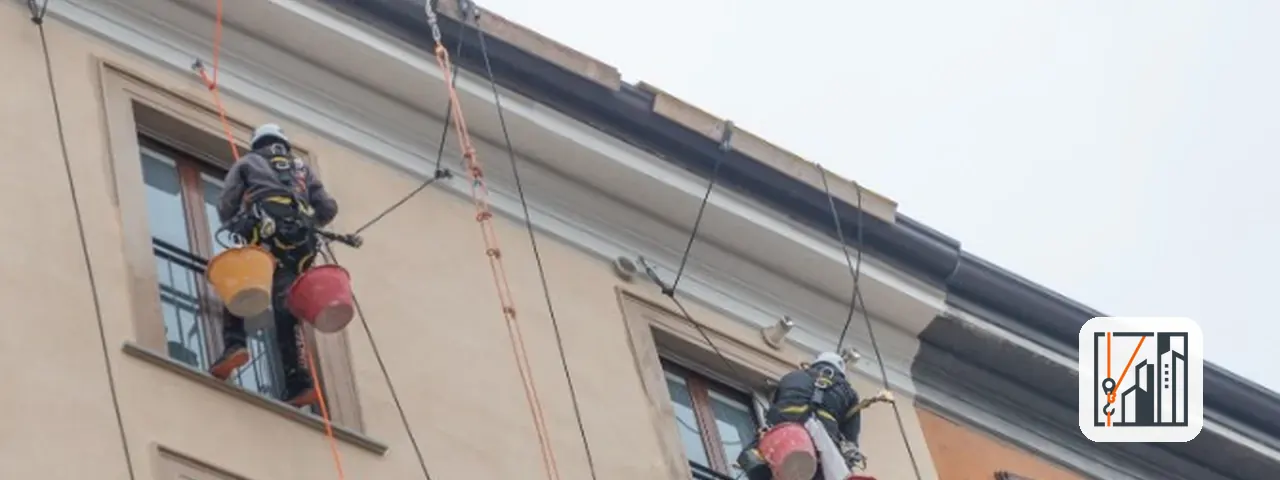 Operario suspendido en cuerda rehabilitando una fachada en Málaga
