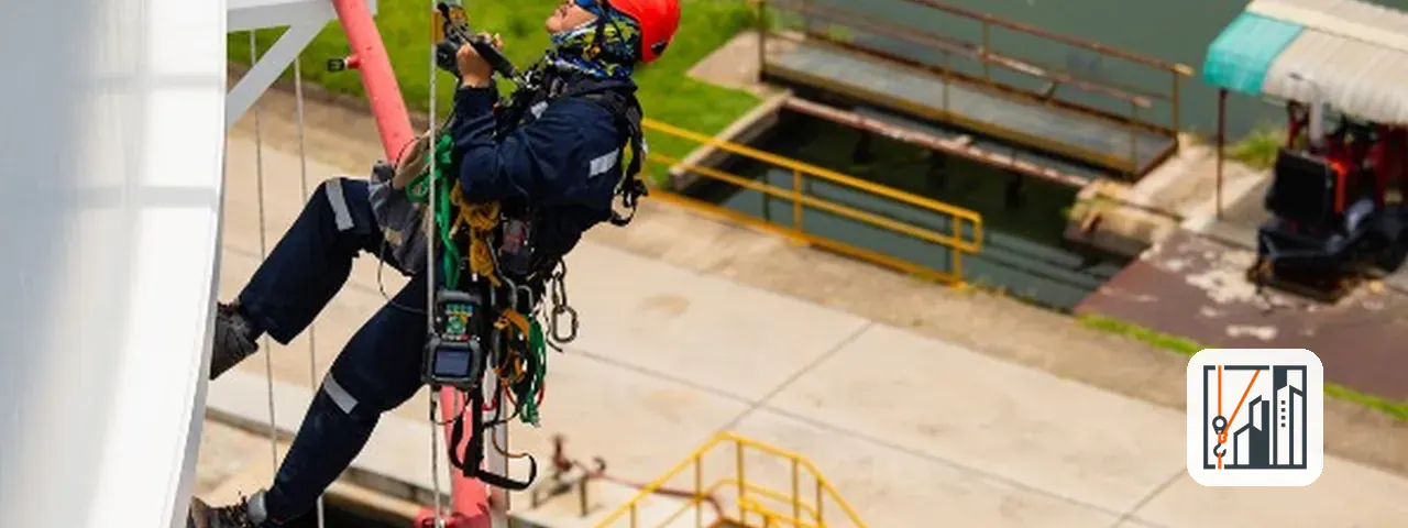 Técnico de trabajos verticales en una estructura industrial