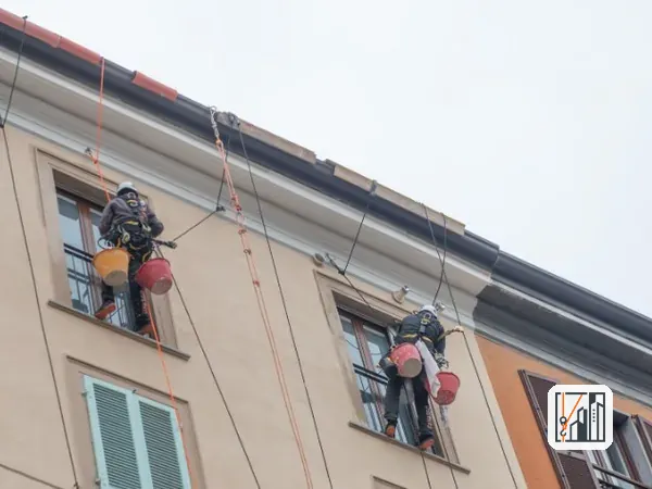 Dos técnicos saneando por cuerda la fachada de un edificio de viviendas