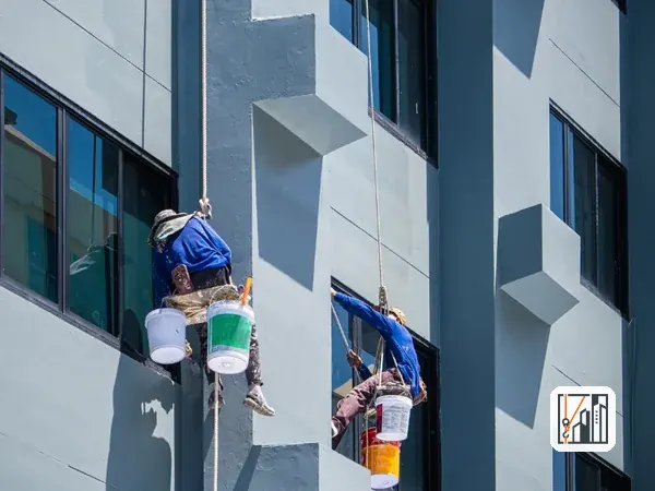Operarios pintando la fachada de un edificio colgados de cuerdas