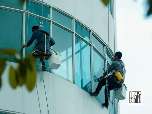 Operarios limpiando por cuerda los cristales de un edificio de oficinas