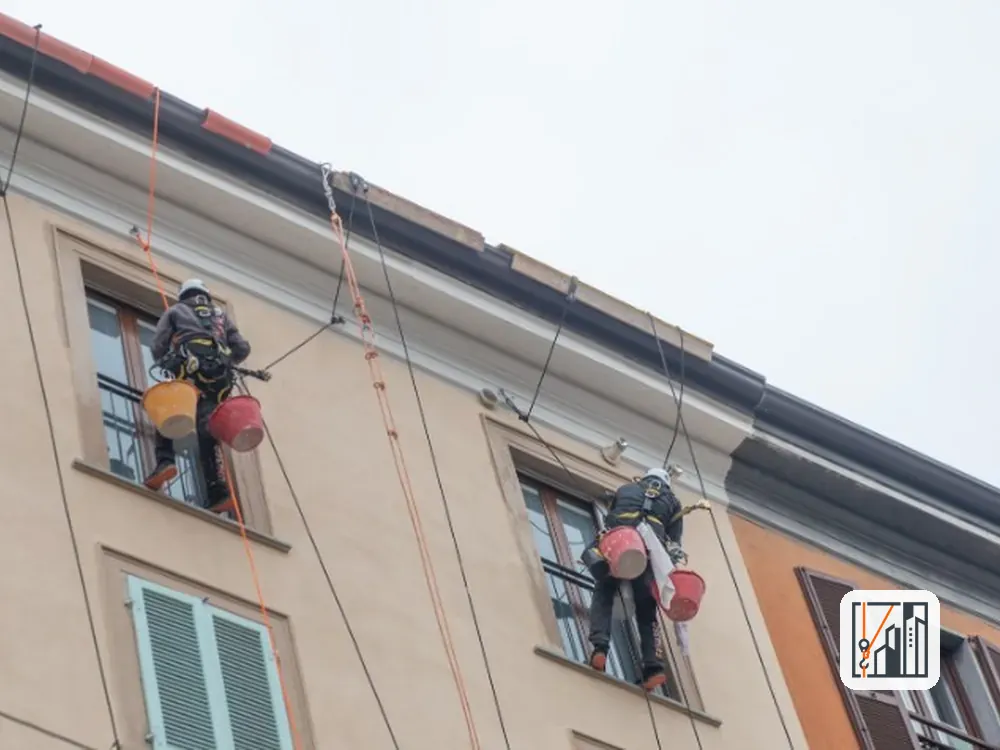 Técnicos trabajando colgados de cuerdas en la fachada con balcones de un edificio residencial