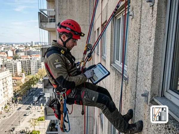 Técnico inspeccionando una fachada con una tableta, suspendido en altura