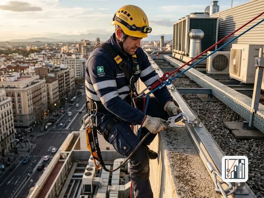 Profesional de trabajos verticales con EPIs trabajando en altura